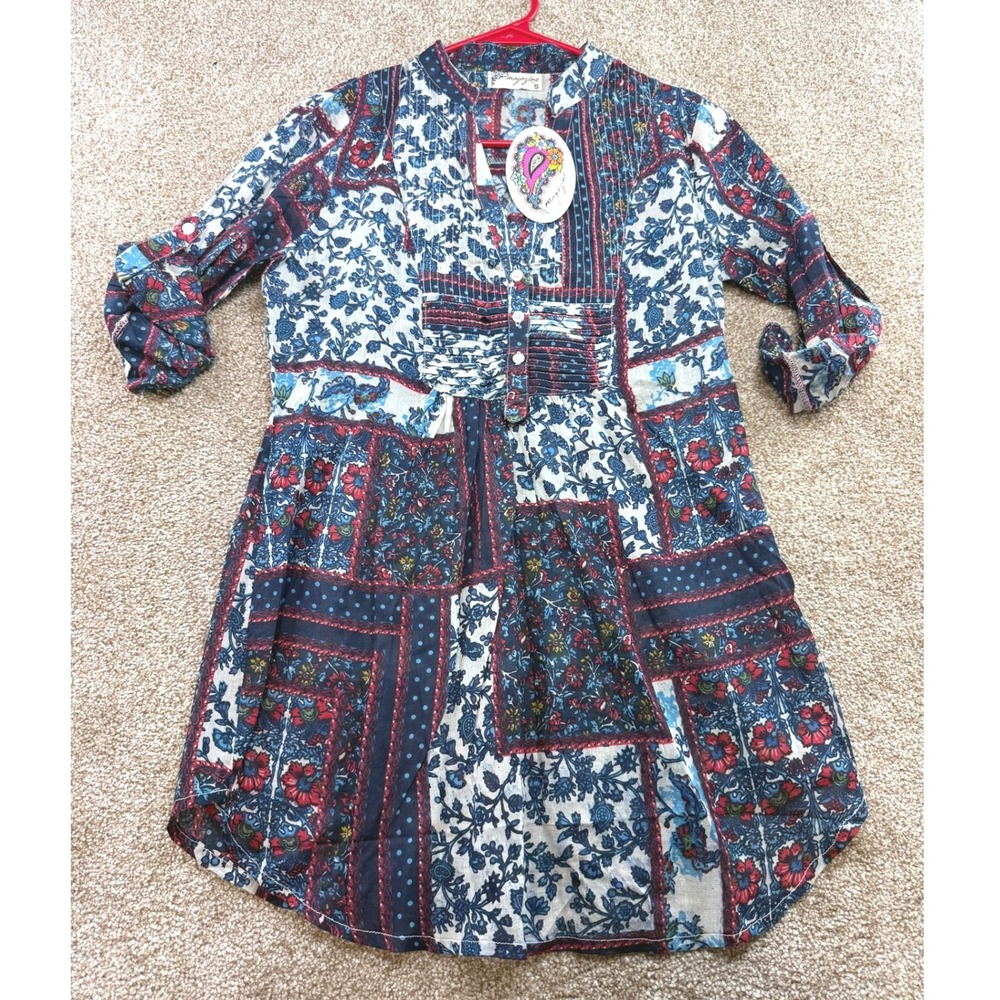 Magazine Ivory Multi Patchwork Floral Cotton Tunic Top MK-444962 Small NWT
